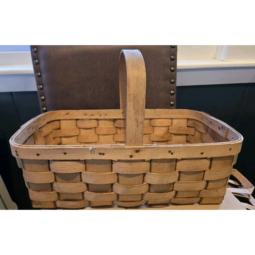VTG Basketville Wood Woven Open Gathering Basket Fixed Handle Putney Vermont